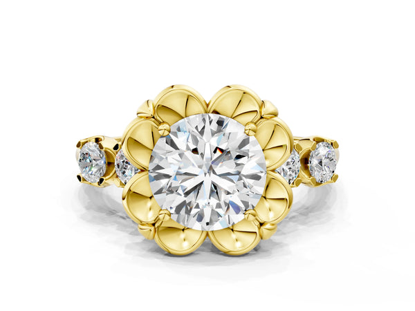 Yellow gold Round Cut Diamond Floral Halo Engagement Ring with Shared Prong Setting