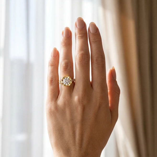 Yellow gold Round Cut Diamond Floral Halo Engagement Ring with Shared Prong Setting