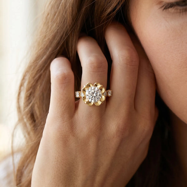 Yellow gold Round Cut Diamond Floral Halo Engagement Ring with Shared Prong Setting
