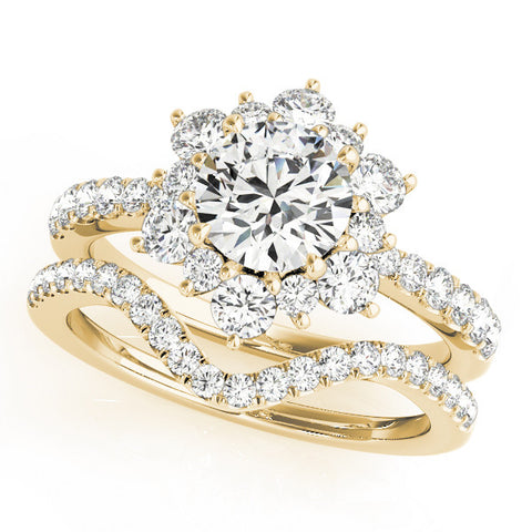 Yellow gold Round Cut Diamond Floral Halo Pave Band with Prong Setting 1