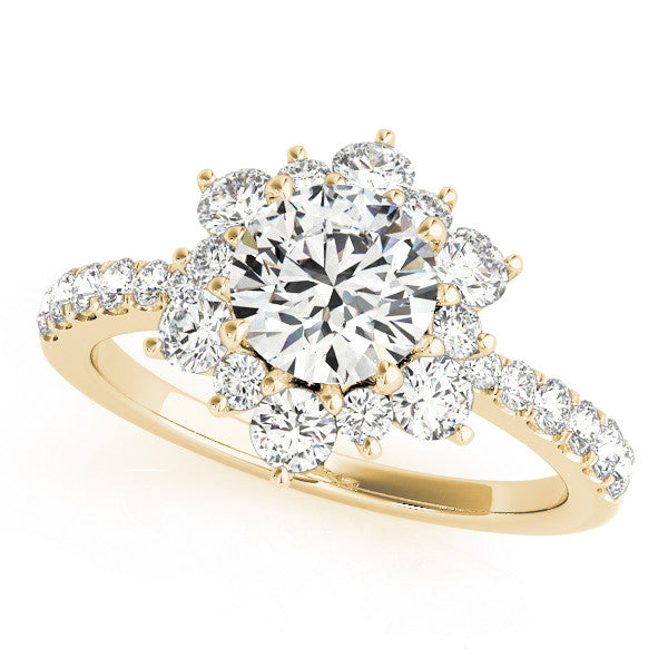 Yellow gold Round Cut Diamond Floral Halo Pave Band with Prong Setting