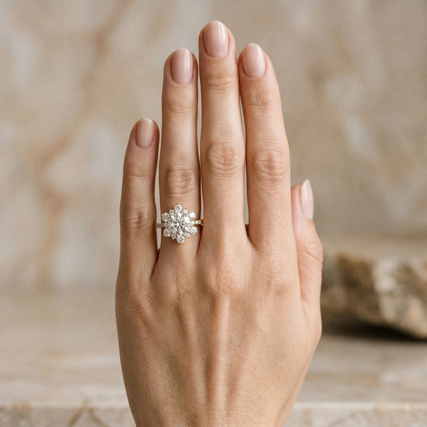 Yellow Gold Round Star Floral Halo Engagement Ring Setting with Pave Accents