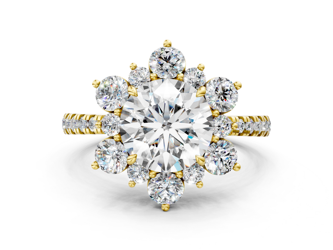 Yellow gold Round Cut Diamond Floral Halo Pave Band with Prong Setting_39