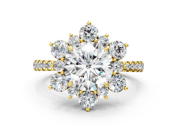 Yellow gold Round Cut Diamond Floral Halo Pave Band with Prong Setting