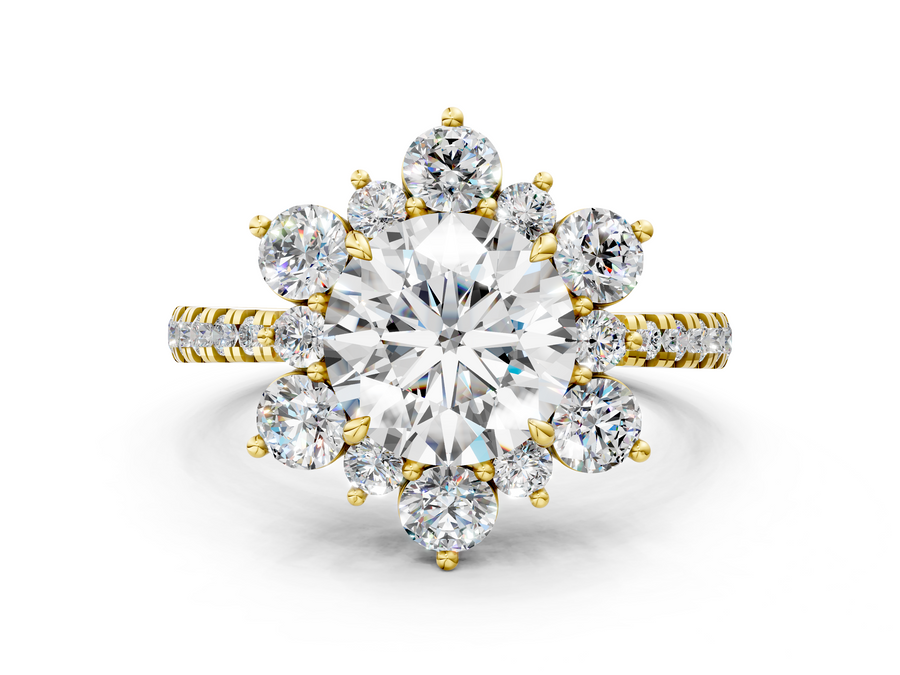 Yellow gold Round Cut Diamond Floral Halo Pave Band with Prong Setting