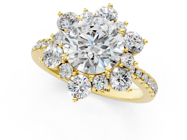 Yellow gold Round Cut Diamond Floral Halo Pave Band with Prong Setting