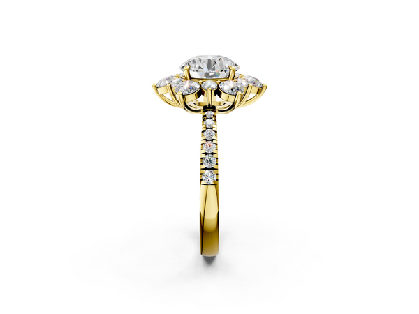 Yellow gold Round Cut Diamond Floral Halo Pave Band with Prong Setting
