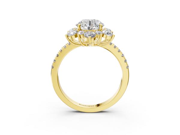 Yellow gold Round Cut Diamond Floral Halo Pave Band with Prong Setting