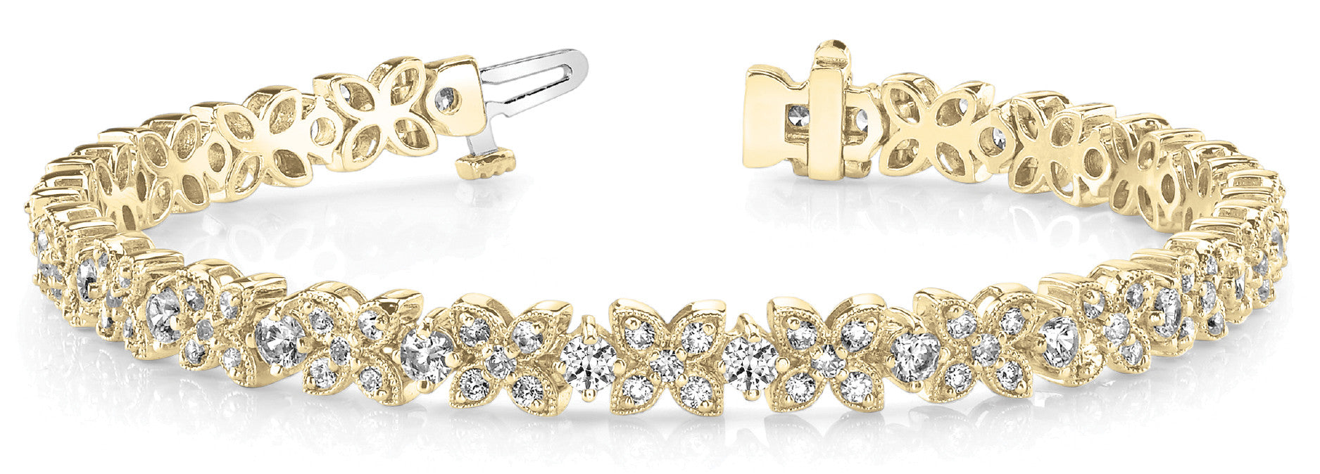 Yellow gold Round Cut Diamond Floral Tennis Bracelet with Prong Setting