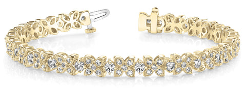 Yellow gold Round Cut Diamond Floral Tennis Bracelet with Prong Setting