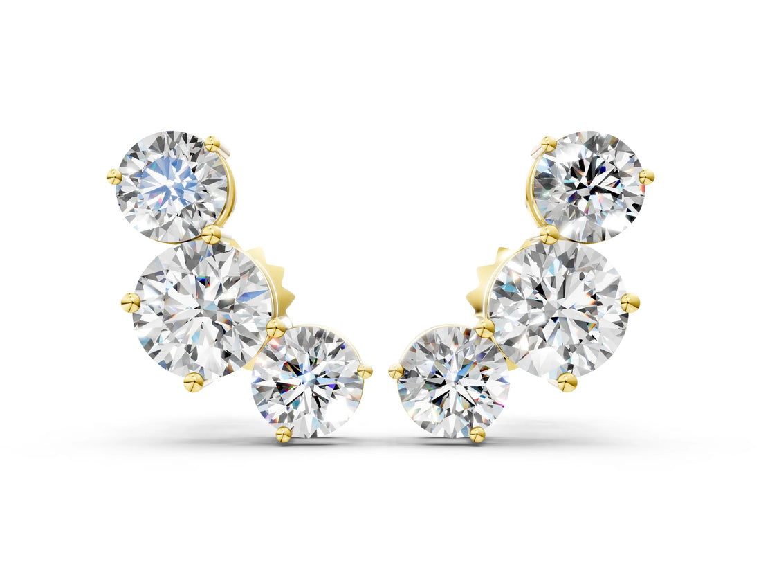 Yellow gold Round Cut Diamond Graduated Three-Stone Stud Earrings