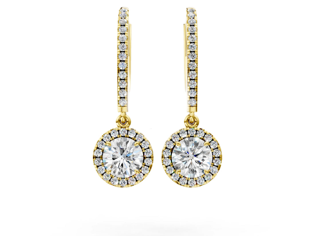 Yellow gold Round Cut Diamond Halo Drop Earrings with Pavé Hoop