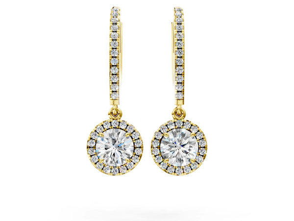 Yellow gold Round Cut Diamond Halo Drop Earrings with Pavé Hoop