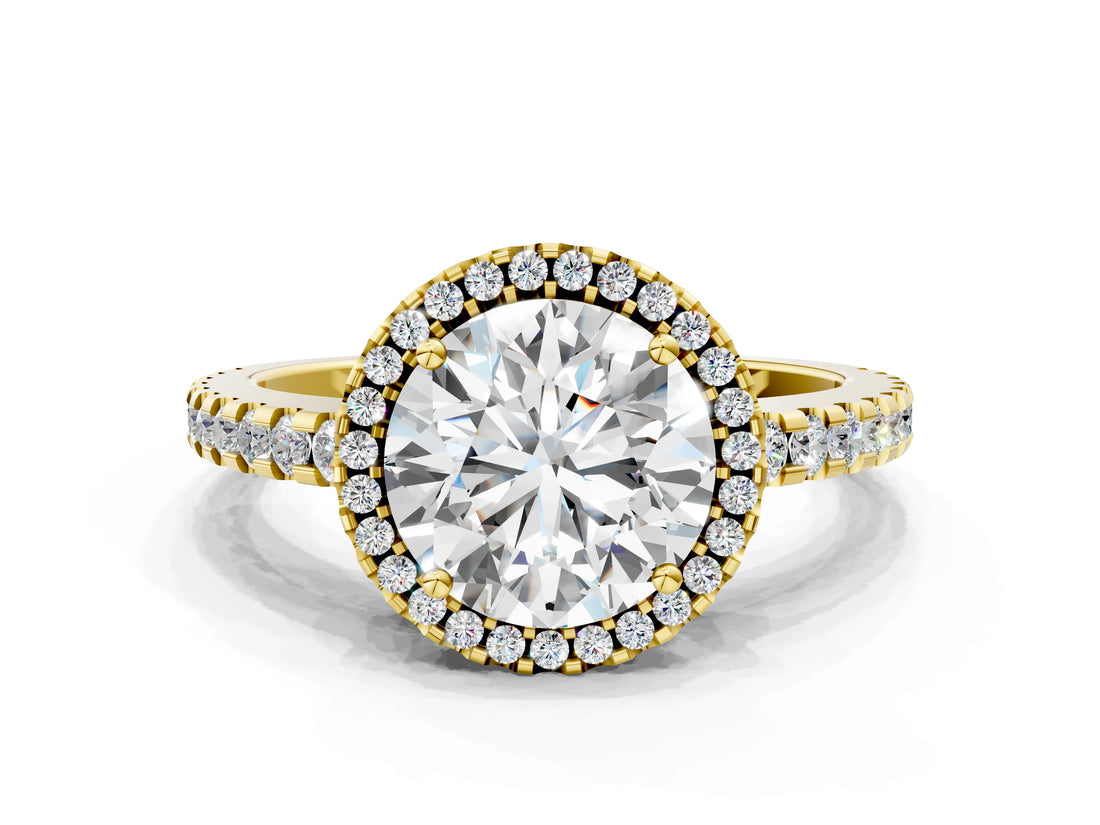 Yellow gold Round Cut Diamond Halo Engagement Ring with Pavé Band and Prong Setting_27