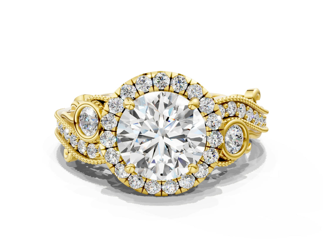 Yellow gold Round Cut Diamond Halo Ring with Milgrain Pavé Band and Four-Prong Setting_56