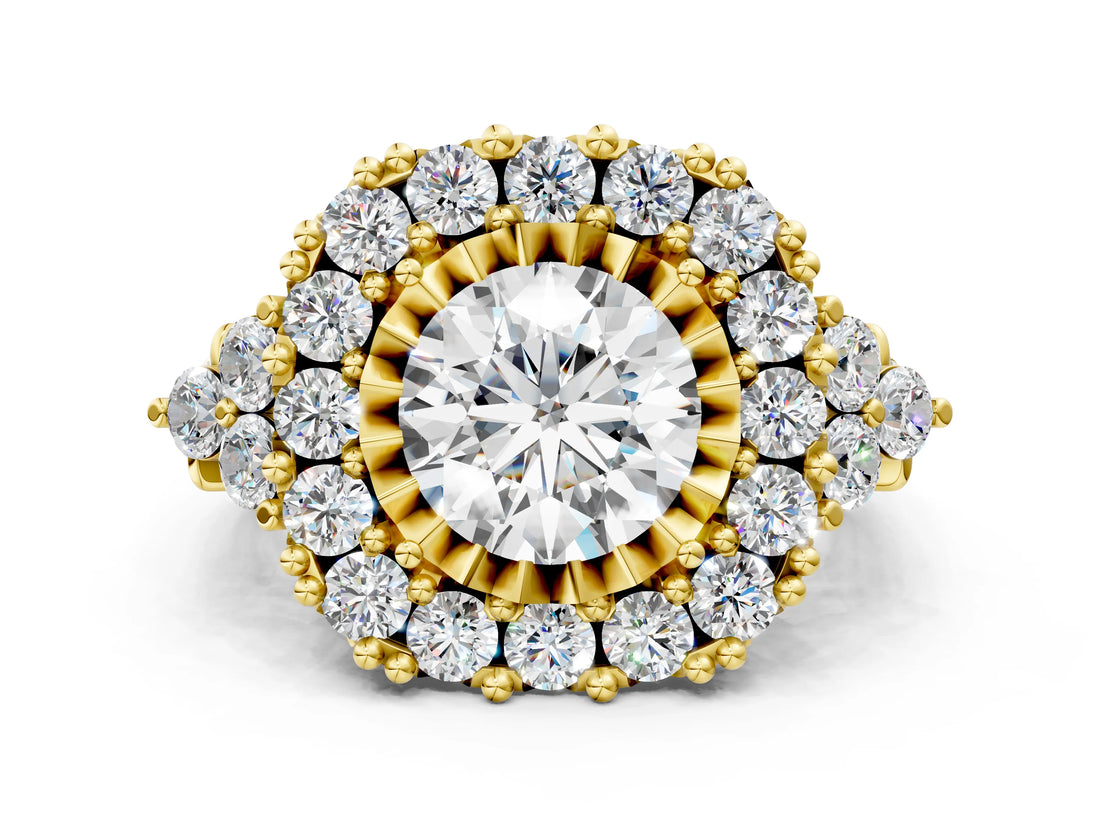Yellow gold Round Cut Diamond Halo Ring with Pavé Band and Four-Prong Setting_45