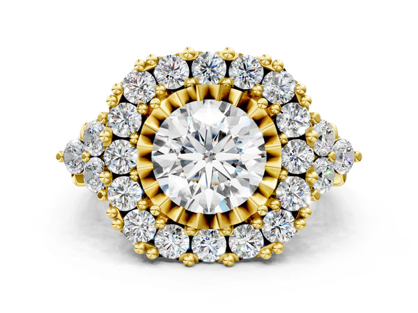 Yellow gold Round Cut Diamond Halo Ring with Pavé Band and Four-Prong Setting