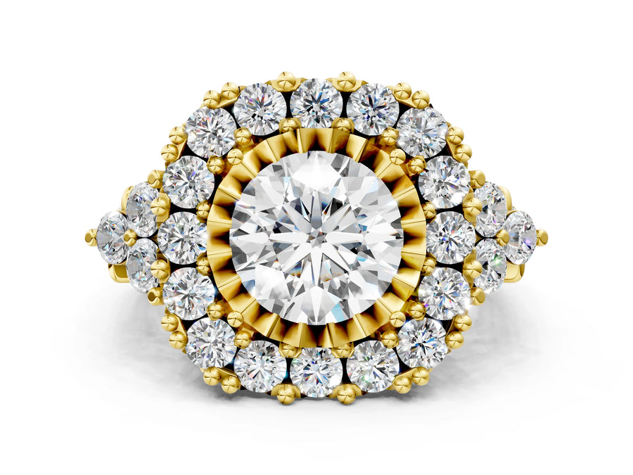 Yellow gold Round Cut Diamond Halo Ring with Pavé Band and Four-Prong Setting