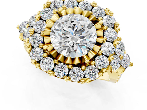 Yellow gold Round Cut Diamond Halo Ring with Pavé Band and Four-Prong Setting