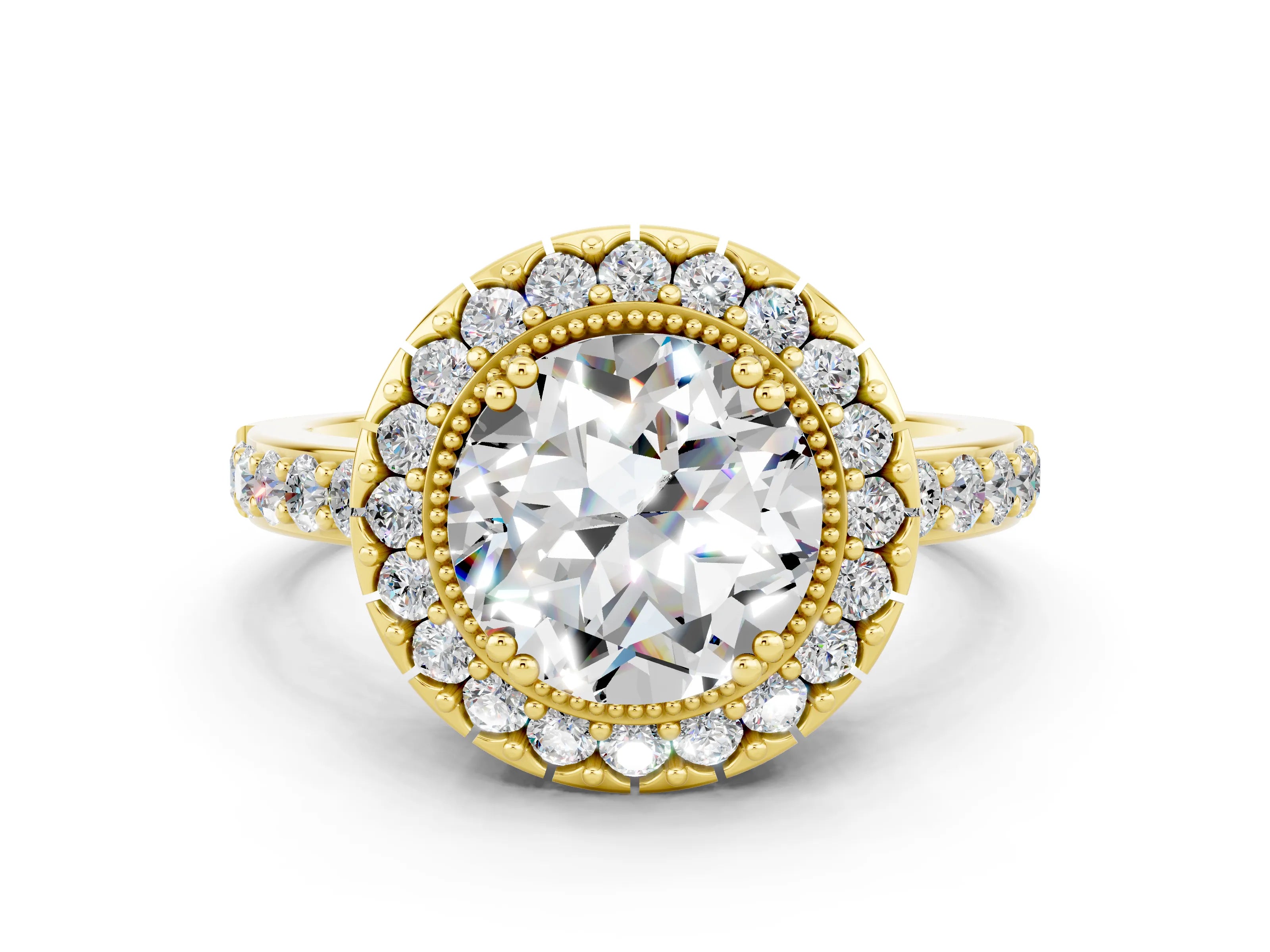 Yellow gold Round Cut Diamond Halo Ring with Pavé Band and Prong Setting
