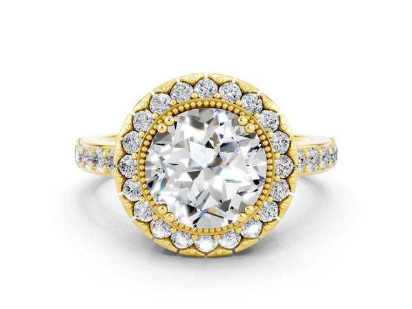 Yellow gold Round Cut Moissanite Halo Ring with Pavé Band and Prong Setting