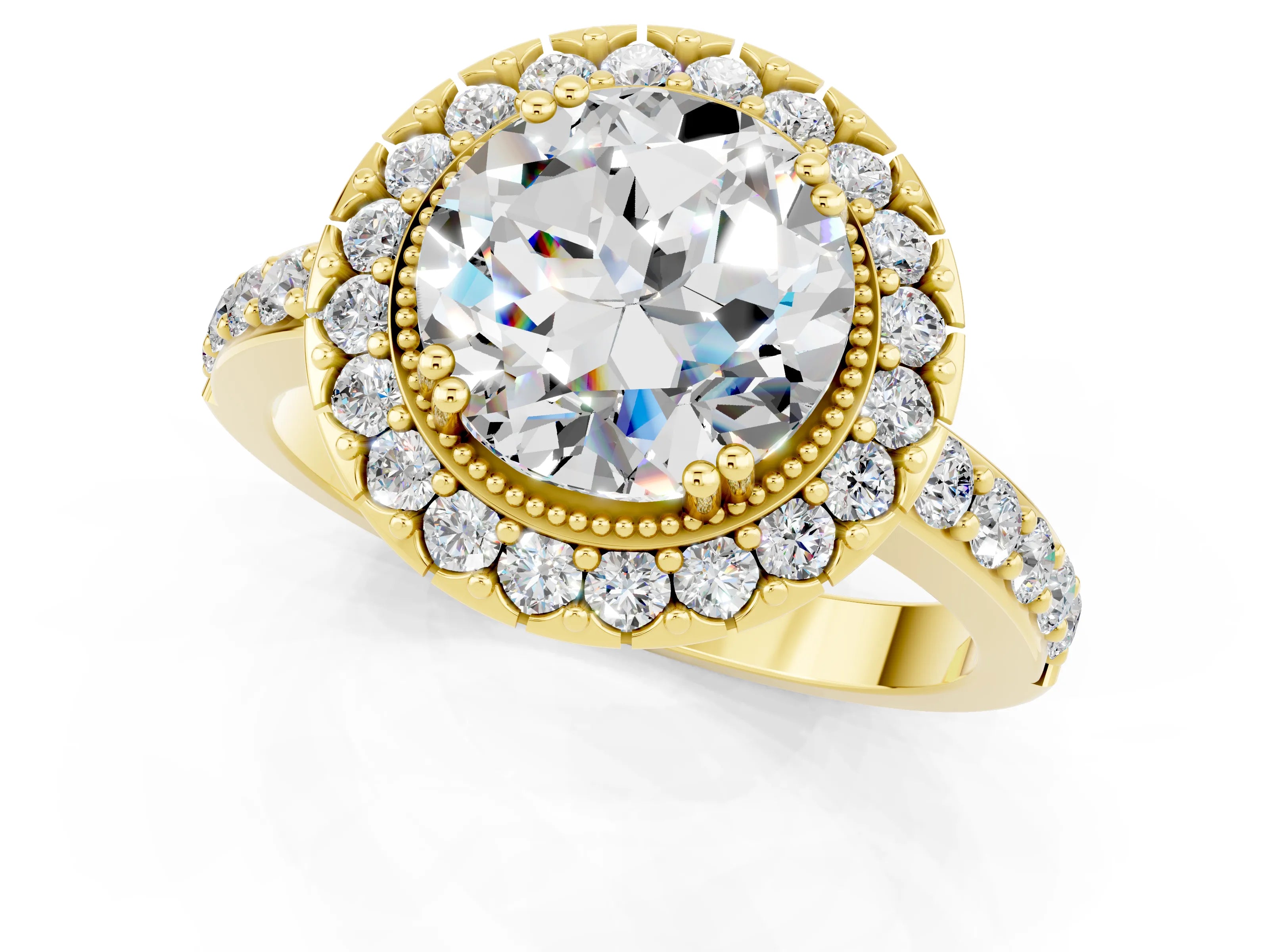 Yellow gold Round Cut Diamond Halo Ring with Pavé Band and Prong Setting_1
