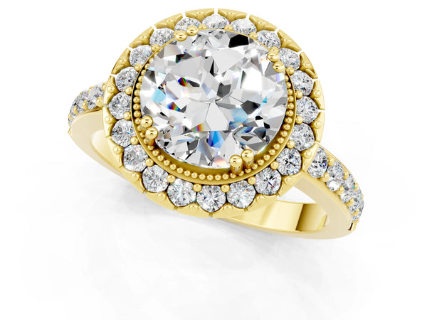 Yellow gold Round Cut Moissanite Halo Ring with Pavé Band and Prong Setting