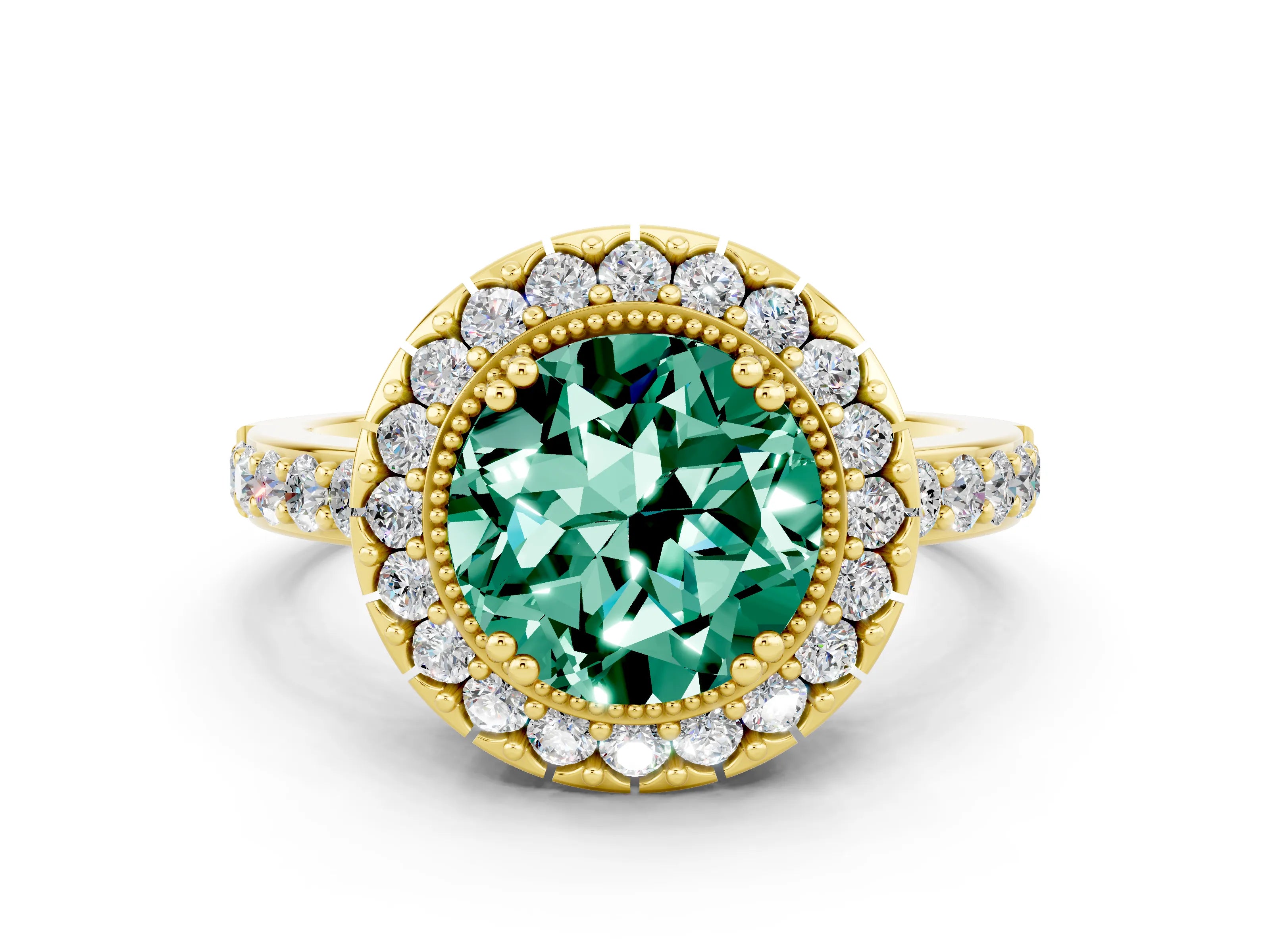 Yellow gold Round Cut Diamond Halo Ring with Pavé Band and Prong Setting