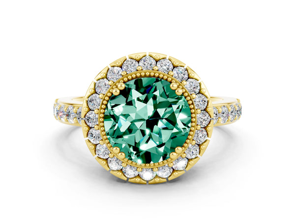 Yellow gold Round Cut Green Sapphire Halo Ring with Pavé Band and Prong Setting