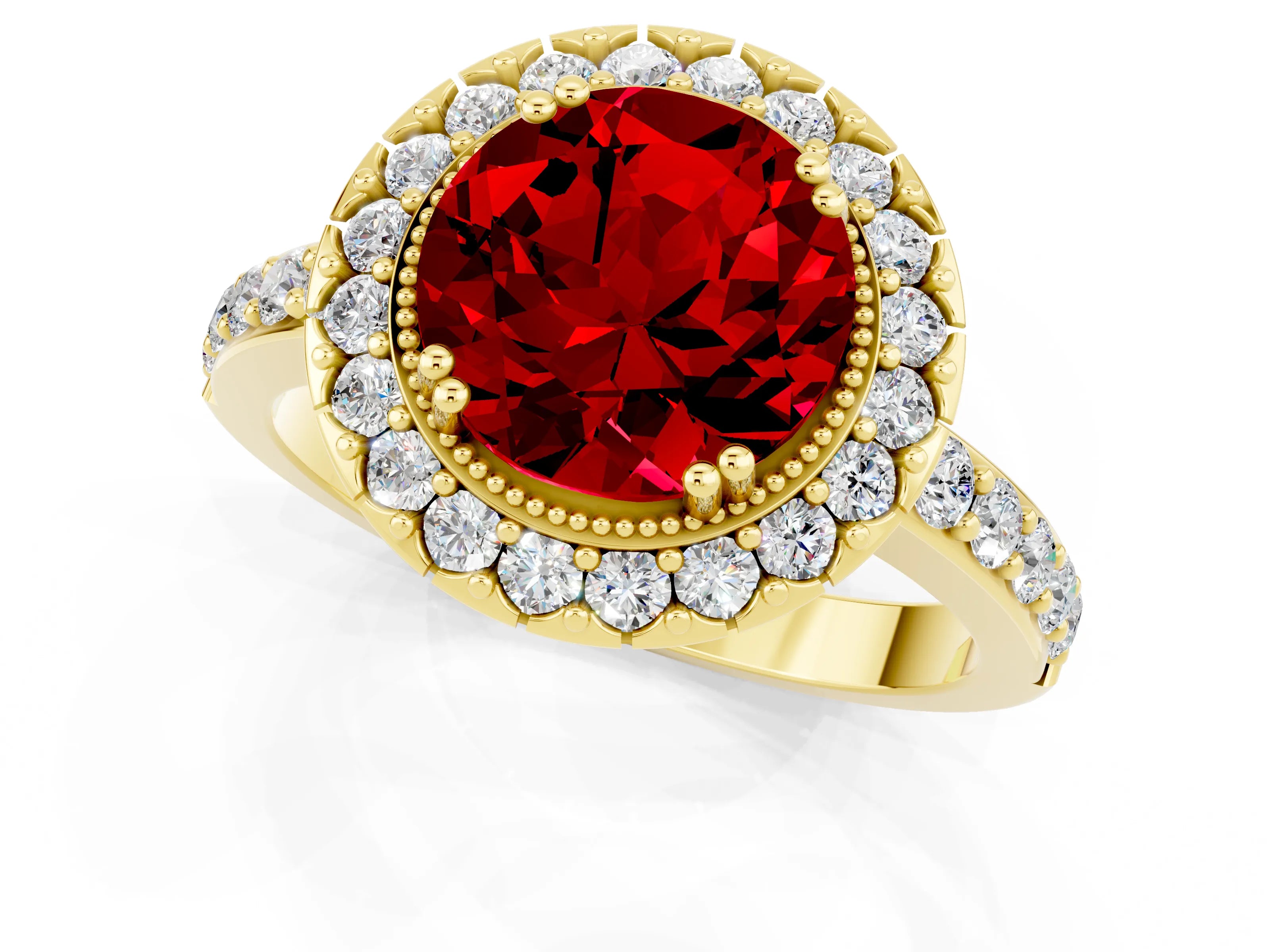 Yellow gold Round Cut Diamond Halo Ring with Pavé Band and Prong Setting_1