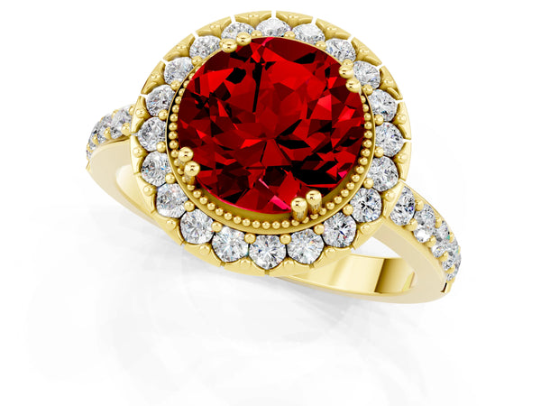 Yellow gold Round Cut Ruby Halo Ring with Pavé Band and Prong Setting