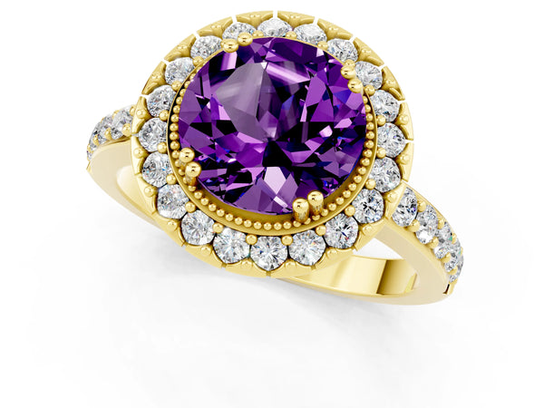 Yellow gold Round Cut Amethyst Halo Ring with Pavé Band and Prong Setting