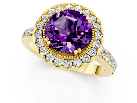 Yellow gold Round Cut Diamond Halo Ring with Pavé Band and Prong Setting_1