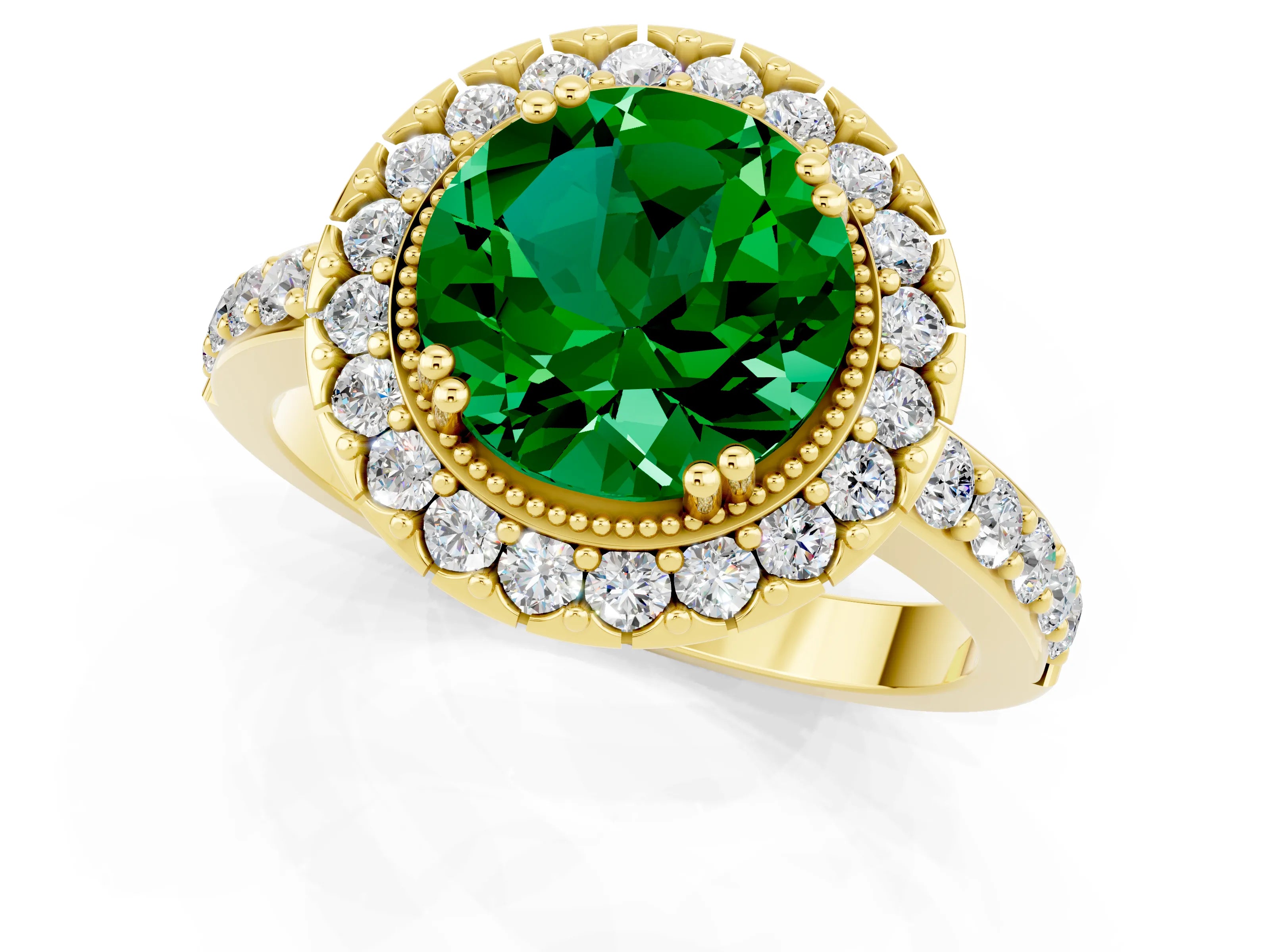 Yellow gold Round Cut Diamond Halo Ring with Pavé Band and Prong Setting_1