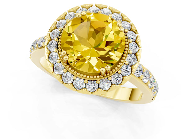Yellow gold Round Cut Yellow Sapphire Halo Ring with Pavé Band and Prong Setting