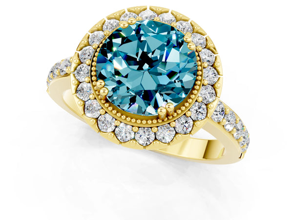 Yellow gold Round Cut Blue Topaz Halo Ring with Pavé Band and Prong Setting
