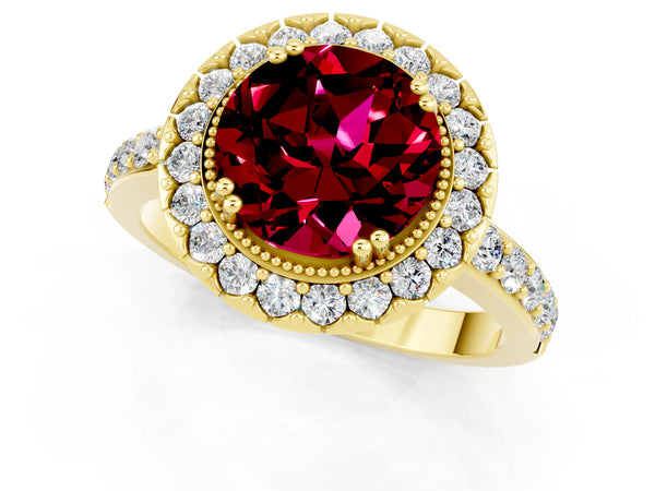 Yellow gold Round Cut Garnet Halo Ring with Pavé Band and Prong Setting