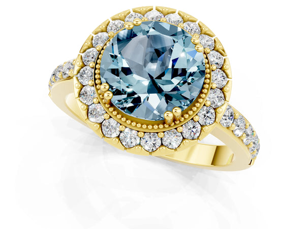 Yellow gold Round Cut Aquamarine Halo Ring with Pavé Band and Prong Setting