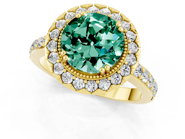 Yellow gold Round Cut Green Sapphire Halo Ring with Pavé Band and Prong Setting