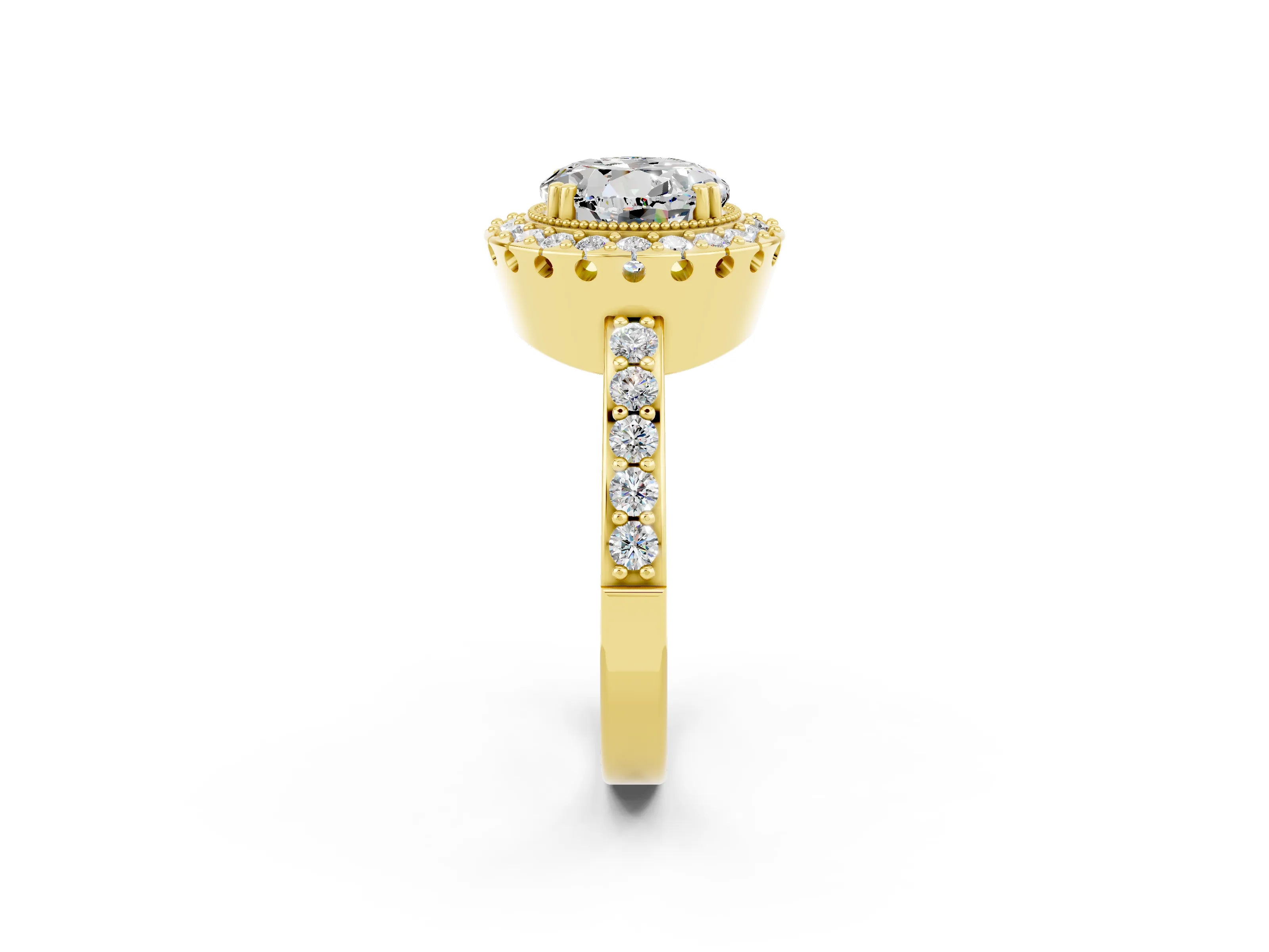 Yellow gold Round Cut Diamond Halo Ring with Pavé Band and Prong Setting_2