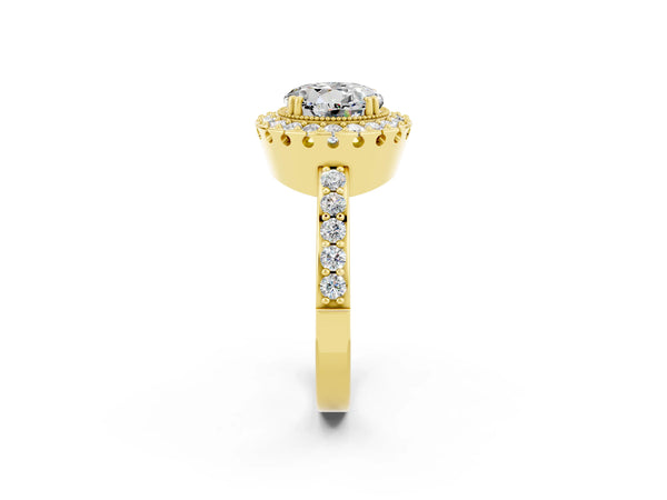 Yellow gold Round Cut Moissanite Halo Ring with Pavé Band and Prong Setting