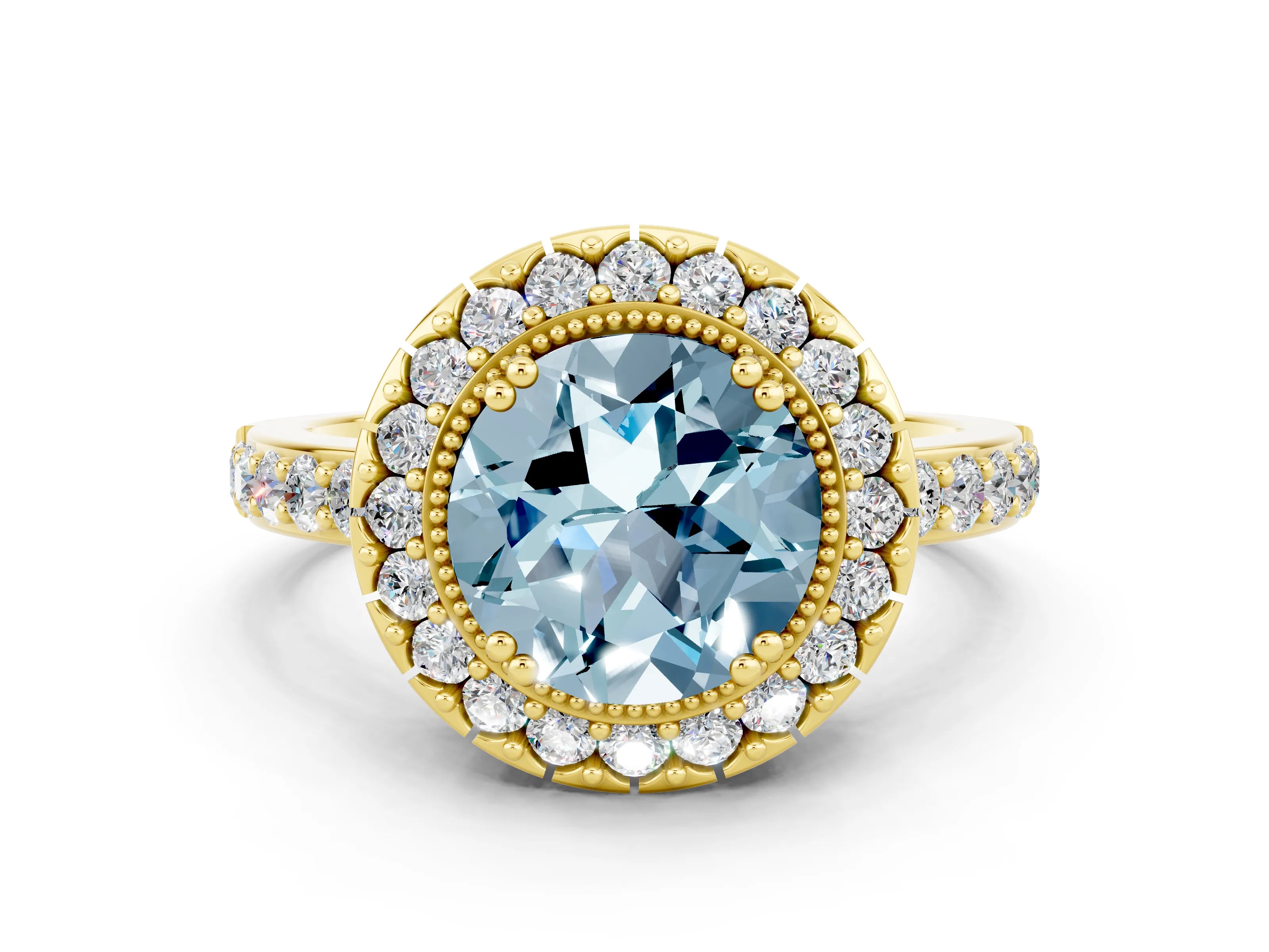Yellow gold Round Cut Diamond Halo Ring with Pavé Band and Prong Setting