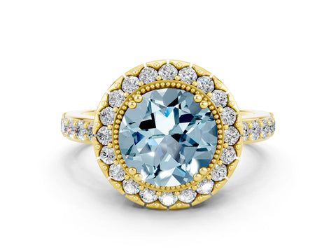Yellow gold Round Cut Diamond Halo Ring with Pavé Band and Prong Setting