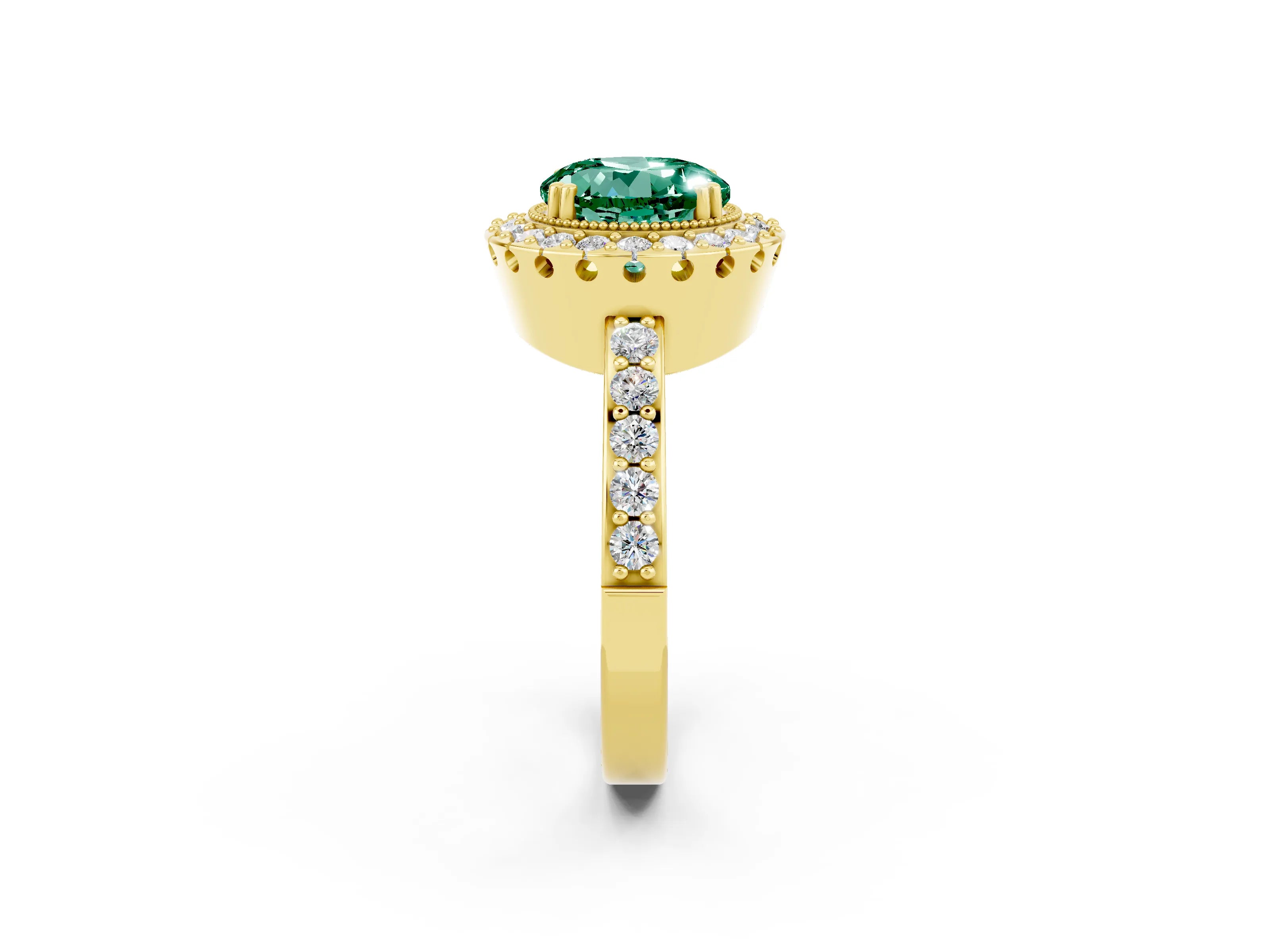 Yellow gold Round Cut Diamond Halo Ring with Pavé Band and Prong Setting_2