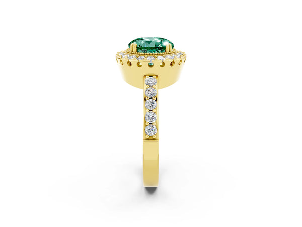 Yellow gold Round Cut Green Sapphire Halo Ring with Pavé Band and Prong Setting