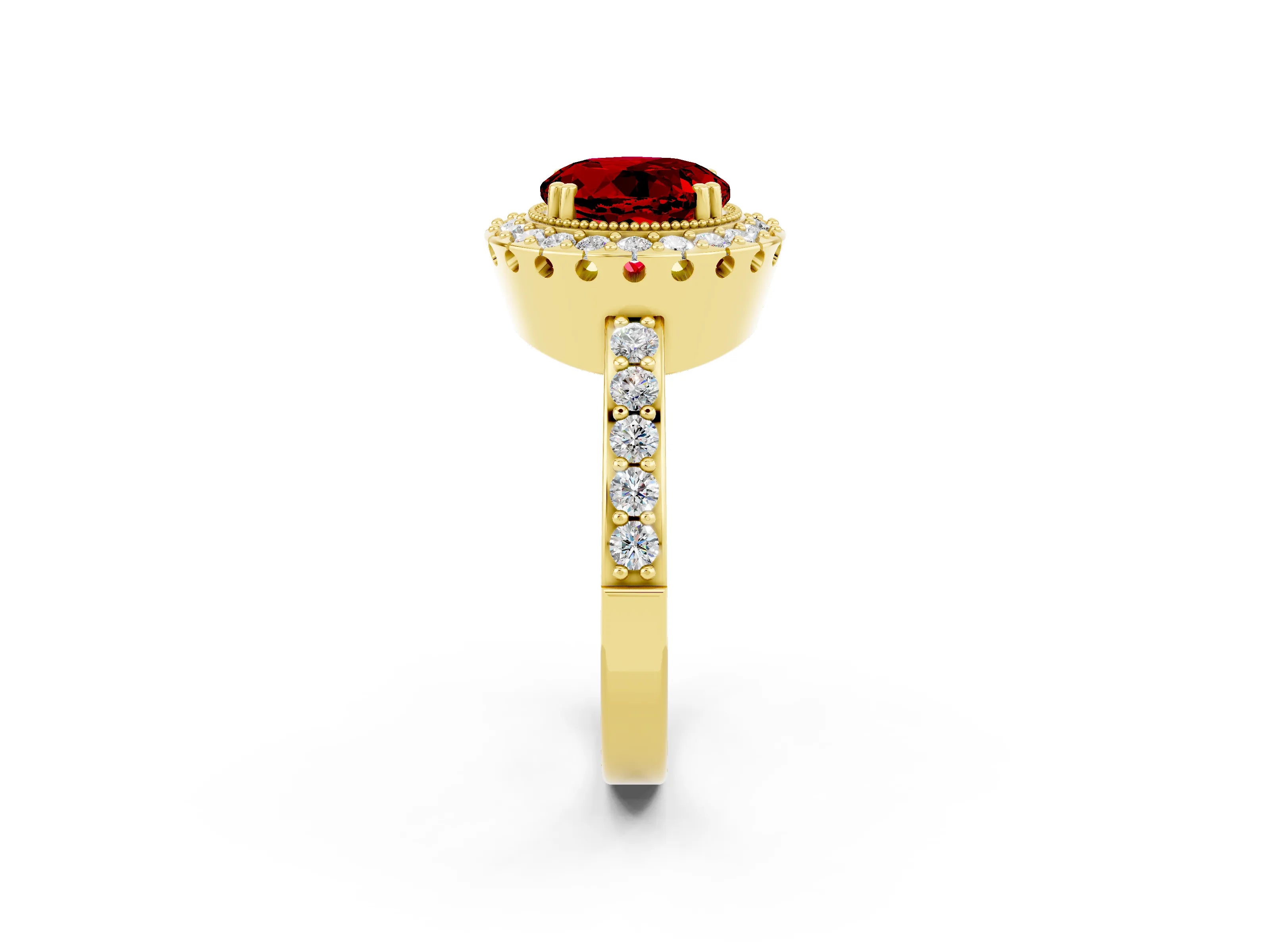 Yellow gold Round Cut Diamond Halo Ring with Pavé Band and Prong Setting_2