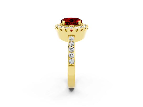Yellow gold Round Cut Ruby Halo Ring with Pavé Band and Prong Setting