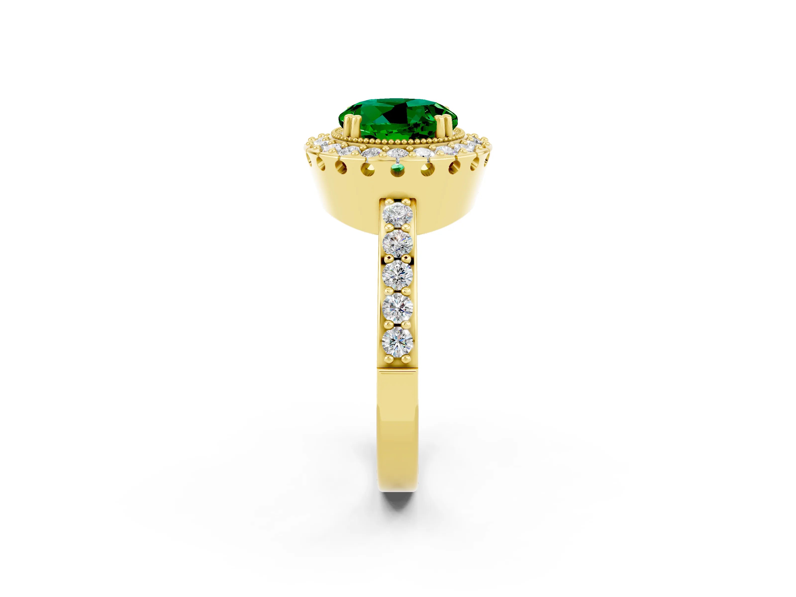 Yellow gold Round Cut Diamond Halo Ring with Pavé Band and Prong Setting_2