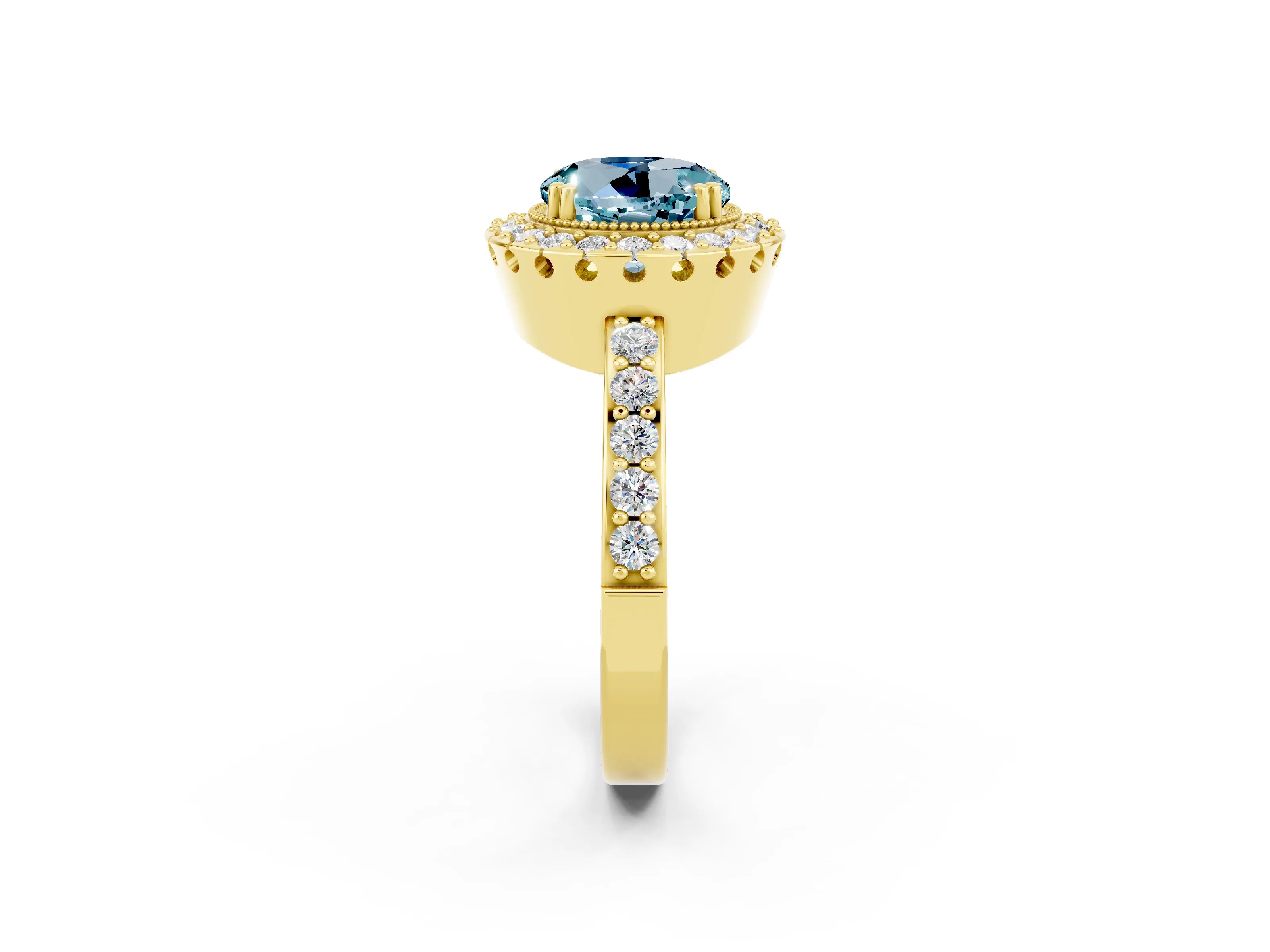 Yellow gold Round Cut Diamond Halo Ring with Pavé Band and Prong Setting_2