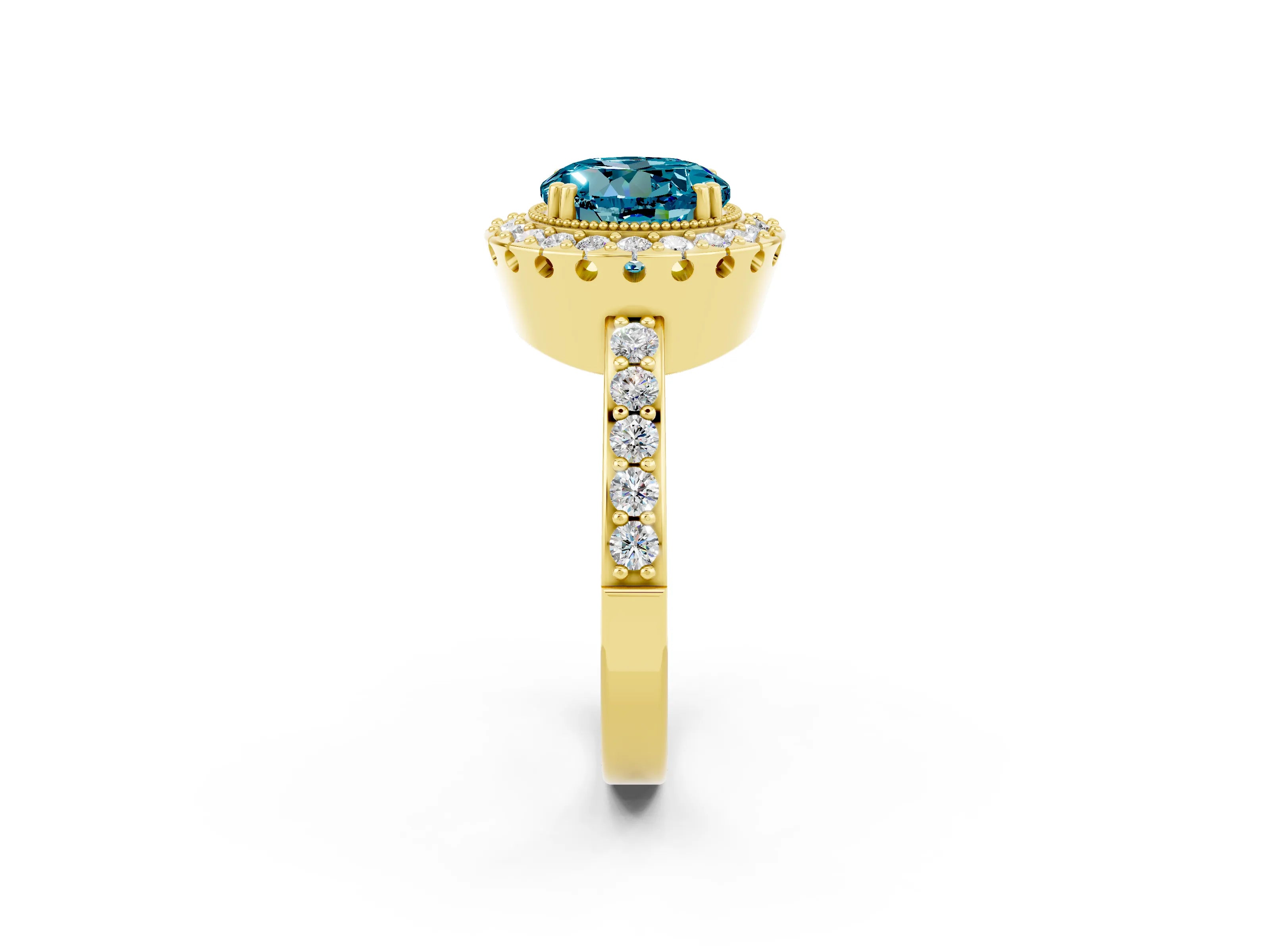 Yellow gold Round Cut Diamond Halo Ring with Pavé Band and Prong Setting_2